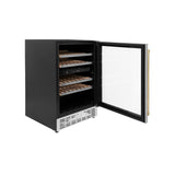 ZLINE 24" Autograph Edition Dual Zone 44-Bottle Wine Cooler in Stainless Steel with Wood Shelf and Polished Gold Accents (RWVZ-UD-24-G)