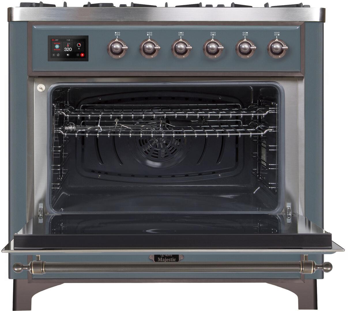 Majestic II 36 Inch Dual Fuel Natural Gas Freestanding Range in Blue Grey with Bronze Trim