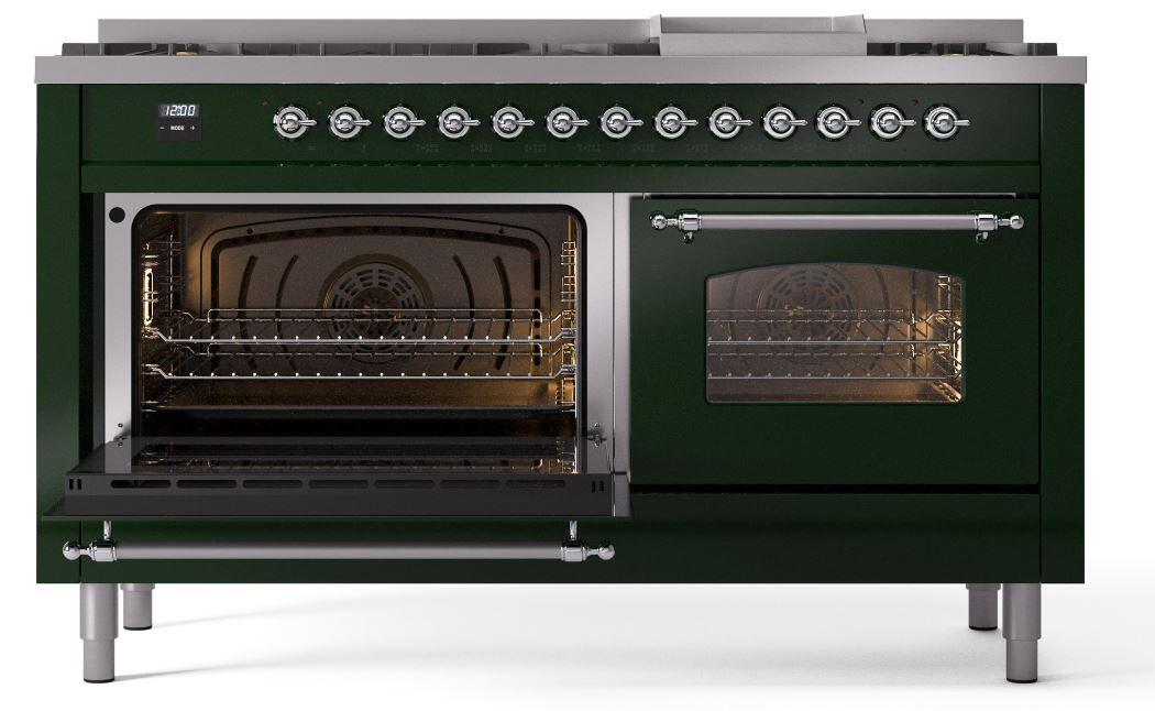 Nostalgie II 60 Inch Dual Fuel Natural Gas Freestanding Range in Emerald Green with Chrome Trim