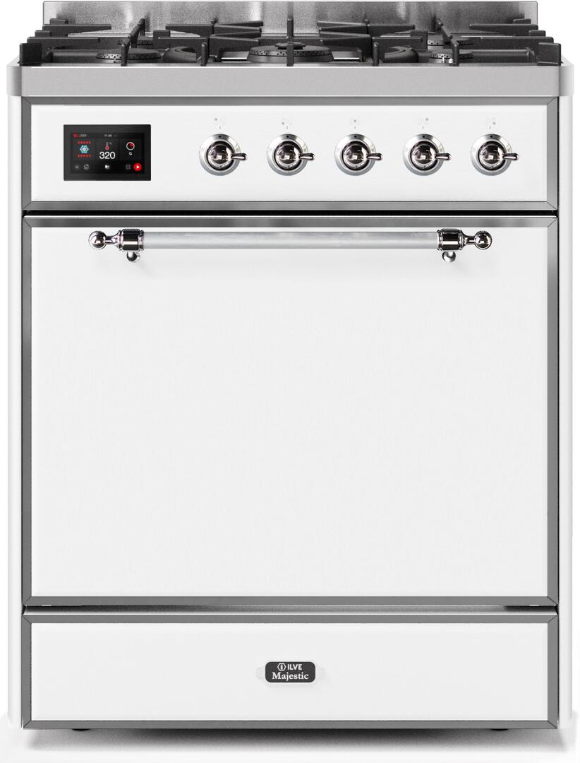 Majestic II 30 Inch Dual Fuel Natural Gas Freestanding Range in White with Chrome Trim