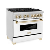 ZLINE Autograph Edition 36" 4.6 cu. ft. Dual Fuel Range with Gas Stove and Electric Oven in Stainless Steel with White Matte Door and Accents (RAZ-WM-36) [Color: Polished Gold Accents]