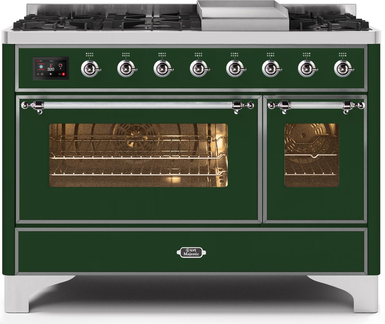 Majestic II 48 Inch Dual Fuel Natural Gas Freestanding Range in Emerald Green with Chrome Trim