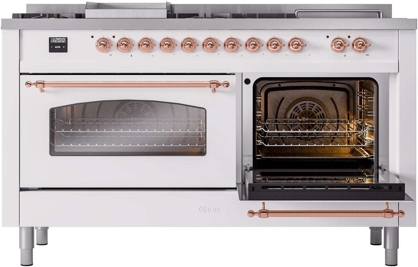 Nostalgie II 60 Inch Dual Fuel Liquid Propane Freestanding Range in White with Copper Trim