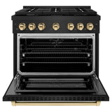 ZLINE Autograph Edition 36 in. 5.2 cu. ft. Paramount Dual Fuel Range with 6 Burner Gas Cooktop and Electric Convection Oven in Black Stainless Steel with Polished Gold Accents (SDRBZ-36-G)