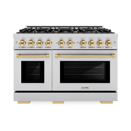 ZLINE Autograph Edition 48 in. 6.7 cu. ft. Select Double Oven Dual Fuel Range with 8 Burner Gas Cooktop in Stainless Steel and Polished Gold Accents (HDRZ-48-G)