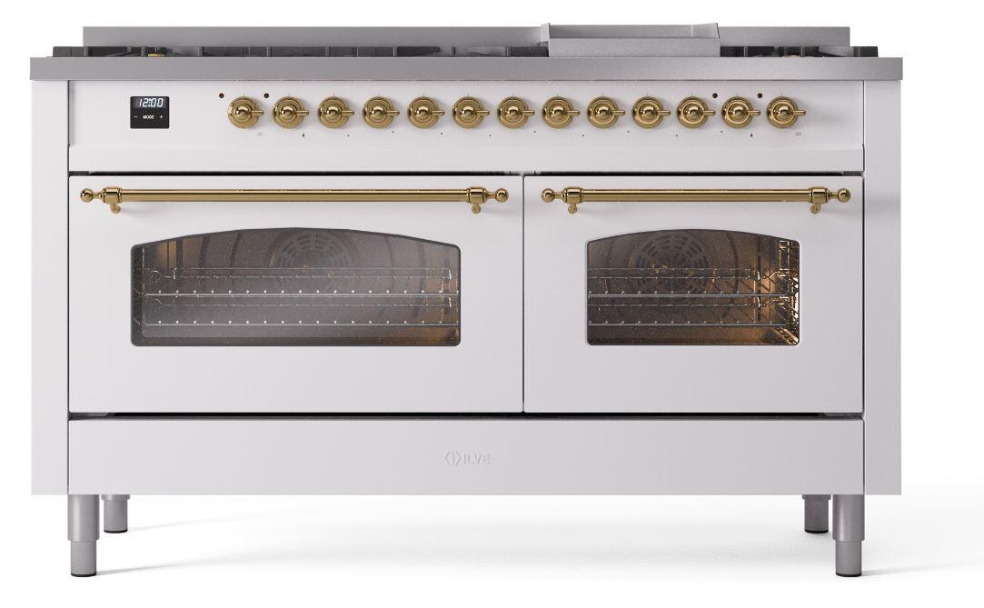 Nostalgie II 60 Inch Dual Fuel Natural Gas Freestanding Range in White with Brass Trim