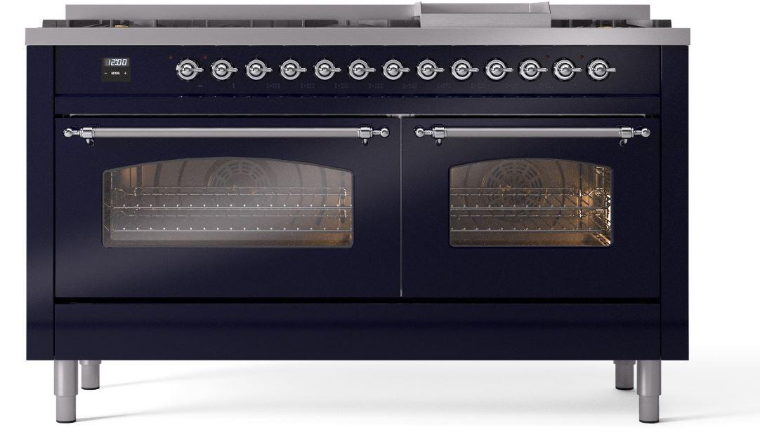 Nostalgie II 60 Inch Dual Fuel Liquid Propane Freestanding Range in Blue with Chrome Trim