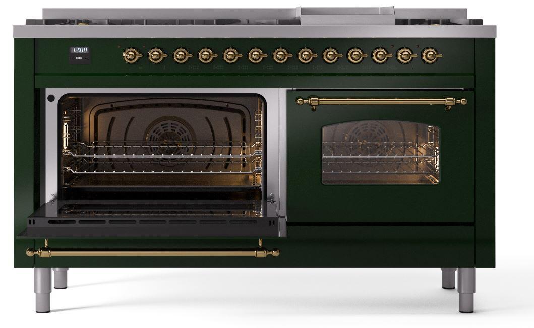 Nostalgie II 60 Inch Dual Fuel Natural Gas Freestanding Range in Emerald Green with Brass Trim