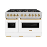 ZLINE Autograph Edition 48 in. 6.7 cu. ft. Classic Double Oven Gas Range with 8 Burner Cooktop in DuraSnow' Stainless Steel with White Matte Doors and Polished Gold Accents (CGRSZ-WM-48-G)