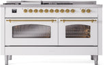 Nostalgie II 60 Inch Dual Fuel Liquid Propane Freestanding Range in White with Brass Trim