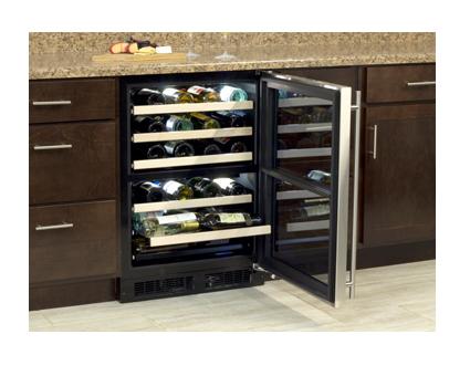 24" High Efficiency Dual Zone Wine Cellar - Panel Overlay Frame Glass Door - Integrated Right Hinge