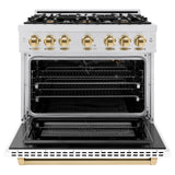 ZLINE Autograph Edition 36 in. 5.2 cu. ft. Select Gas Range with 6 Burner Cooktop and Convection Gas Oven in DuraSnow' Stainless Steel with White Matte Door and Polished Gold Accents (HGRSZ-WM-36-G)