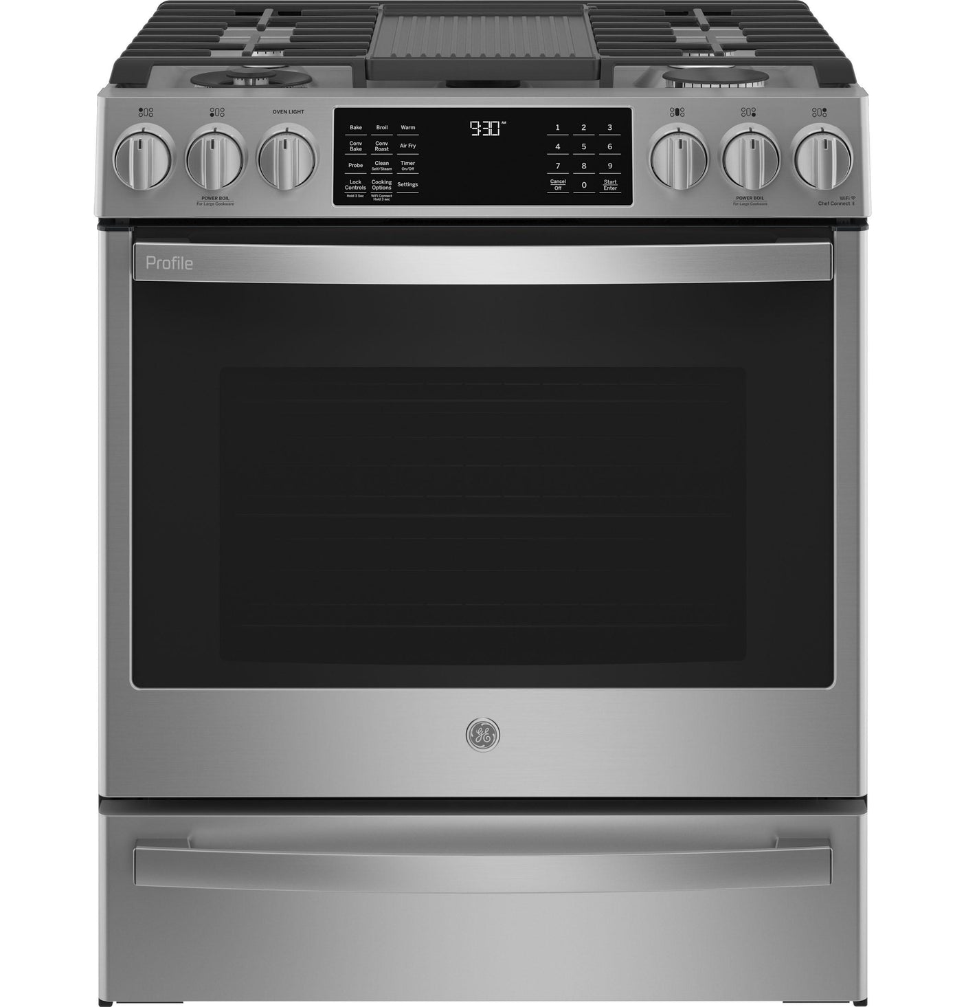 GE Profile™ 30" Smart Slide-In Front-Control Gas Fingerprint Resistant Range with No Preheat Air Fry