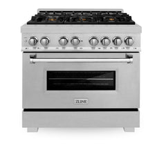 ZLINE 36 in. Professional Dual Fuel Range in DuraSnow Stainless Steel with Color Door Finishes (RAS-SN-36) [Color: DuraSnow Stainless Steel with Brass Burners]