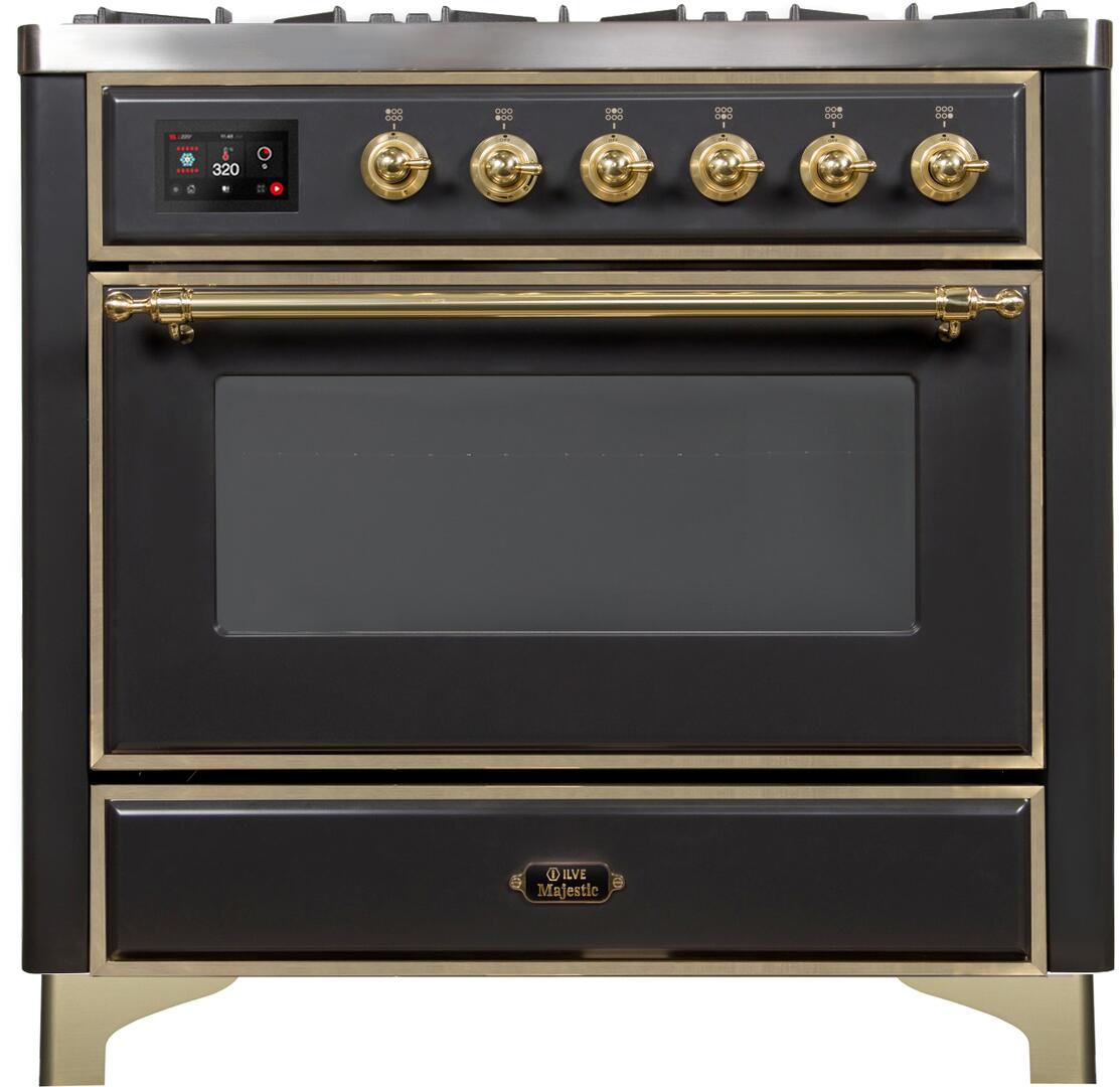 Majestic II 36 Inch Dual Fuel Liquid Propane Freestanding Range in Matte Graphite with Brass Trim