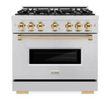 ZLINE Autograph Edition 36 in. 5.2 cu. ft. Classic Dual Fuel Range with 6 Burner Gas Cooktop and Electric Convection Oven in Stainless Steel with Polished Gold Accents (CDRZ-36-G)