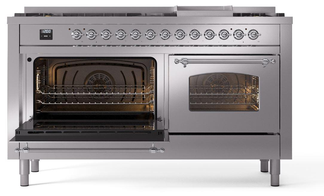 Nostalgie II 60 Inch Dual Fuel Natural Gas Freestanding Range in Stainless Steel with Chrome Trim