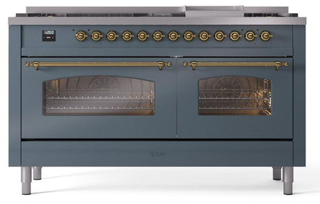 Nostalgie II 60 Inch Dual Fuel Liquid Propane Freestanding Range in Blue Grey with Brass Trim