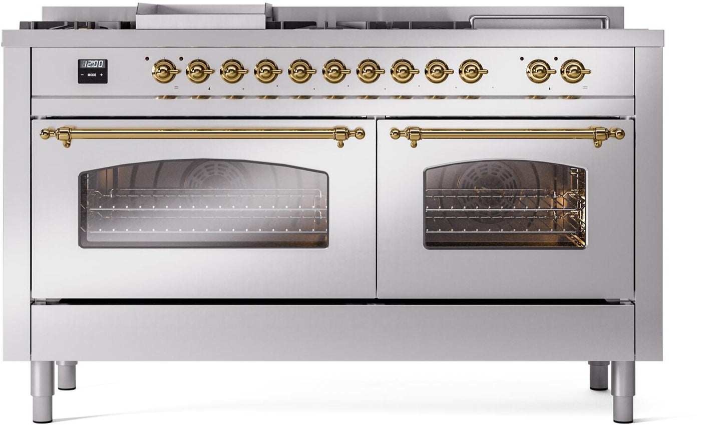 Nostalgie II 60 Inch Dual Fuel Liquid Propane Freestanding Range in Stainless Steel with Brass Trim