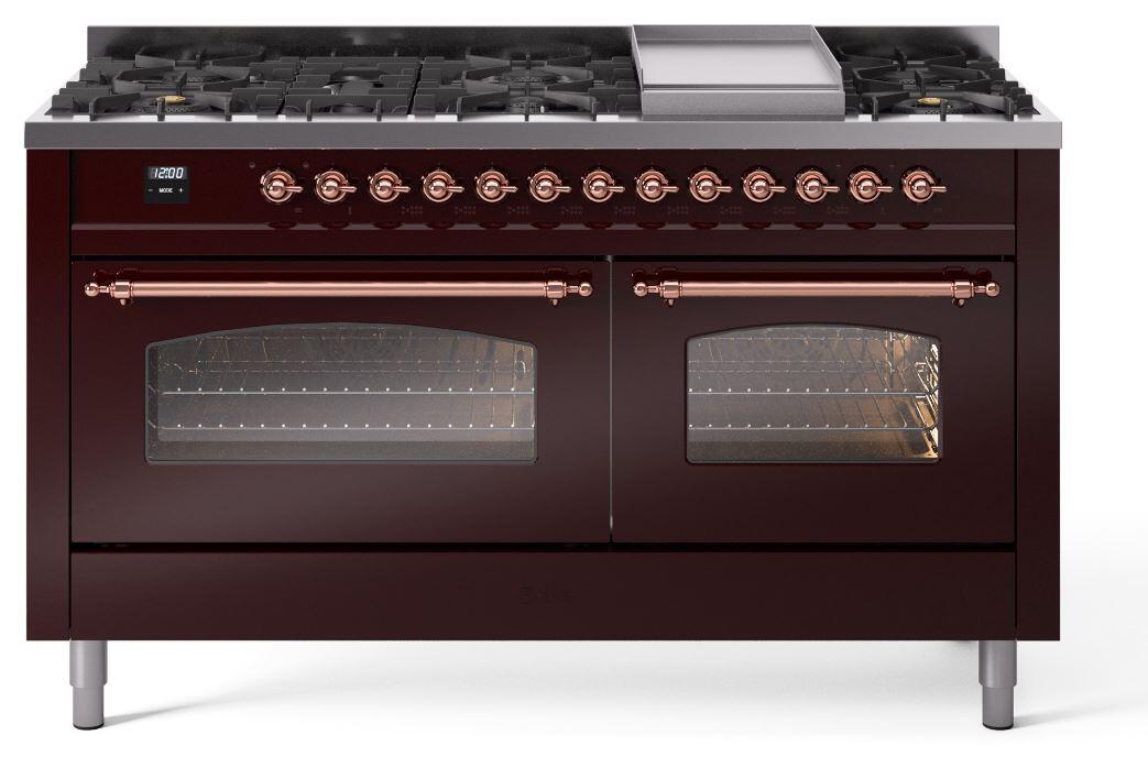 Nostalgie II 60 Inch Dual Fuel Natural Gas Freestanding Range in Burgundy with Copper Trim