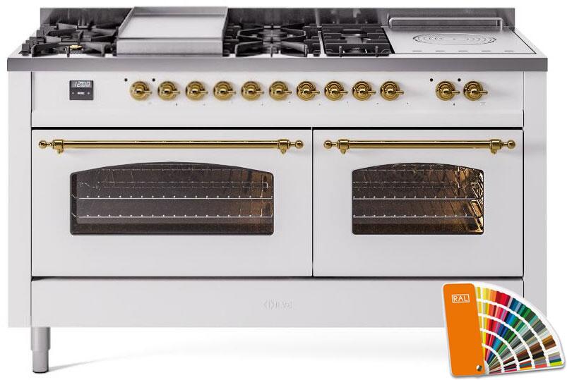 Nostalgie II 60 Inch Dual Fuel Natural Gas Freestanding Range in RAL Custom Color with Brass Trim