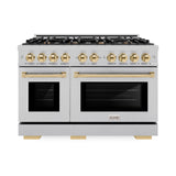 ZLINE Autograph Edition 48 in. 6.7 cu. ft. Select Double Oven Gas Range with 8 Burner Cooktop in DuraSnow' Stainless Steel and Polished Gold Accents (HGRSZ-48-G)