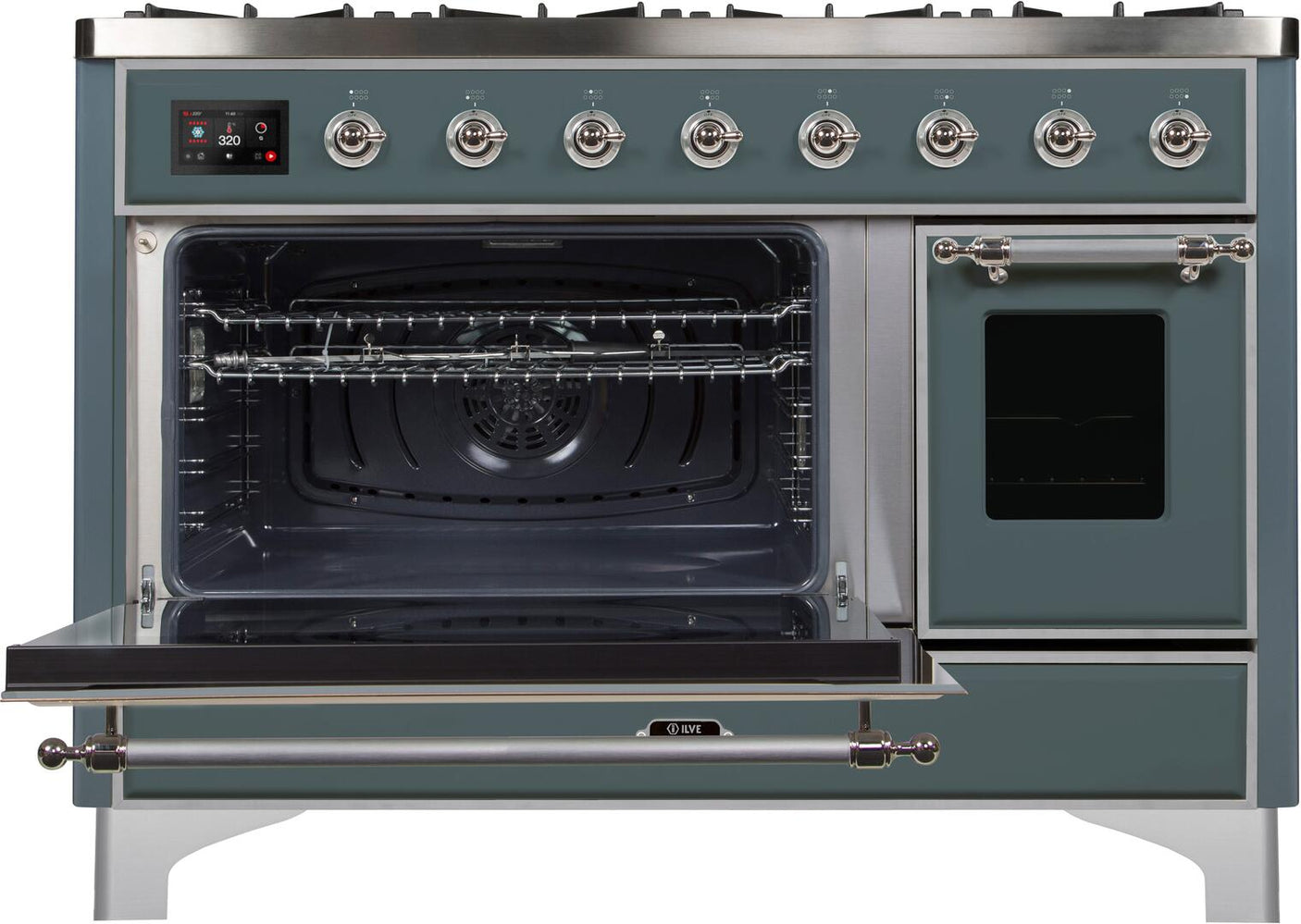 Majestic II 48 Inch Dual Fuel Liquid Propane Freestanding Range in Blue Grey with Chrome Trim