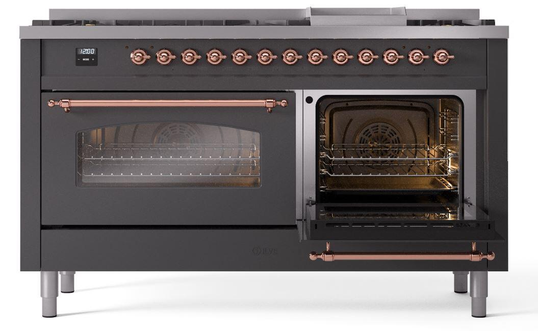 Nostalgie II 60 Inch Dual Fuel Liquid Propane Freestanding Range in Matte Graphite with Copper Trim