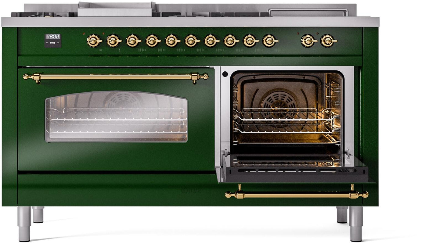 Nostalgie II 60 Inch Dual Fuel Liquid Propane Freestanding Range in Emerald Green with Brass Trim