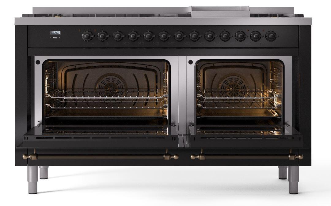 Nostalgie II 60 Inch Dual Fuel Natural Gas Freestanding Range in Glossy Black with Bronze Trim