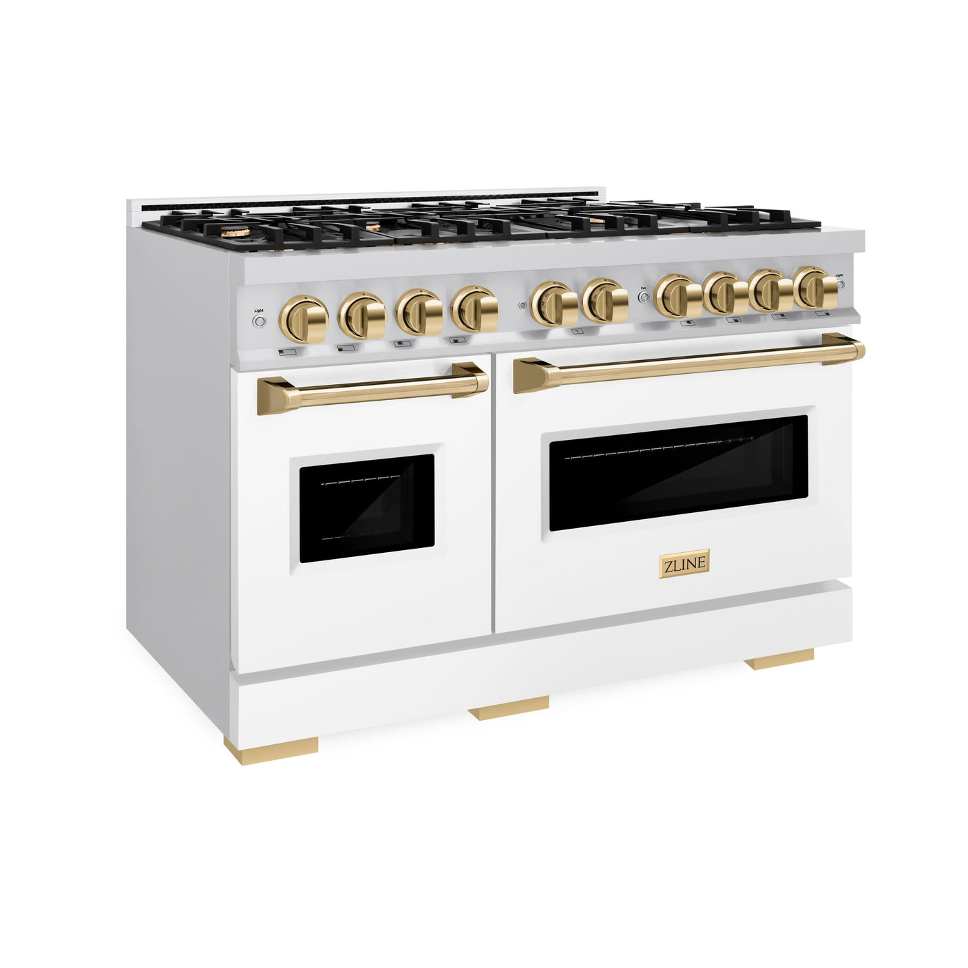 ZLINE Autograph Edition 48 in. 6.7 cu. ft. Classic Double Oven Dual Fuel Range with 8 Burner Gas Cooktop in Stainless Steel with White Matte Door and Polished Gold Accents (CDRZ-WM-48-G)