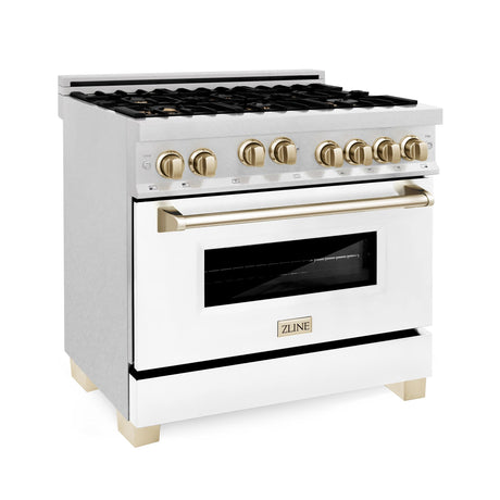 ZLINE 36" 4.6 cu. ft. Range with Gas Stove and Gas Oven in DuraSnow® Stainless Steel with White Matte Door and Accents (RGSZ-WM-36) [Accent: Champagne Bronze]