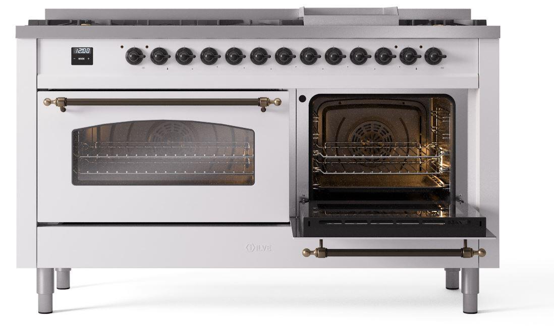 Nostalgie II 60 Inch Dual Fuel Natural Gas Freestanding Range in White with Bronze Trim