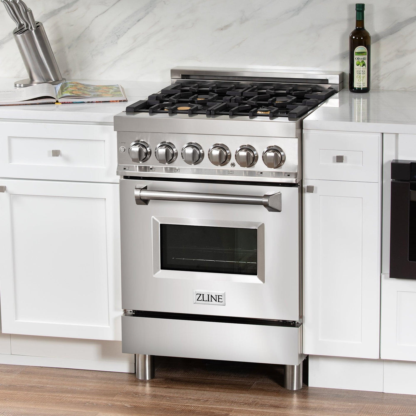 ZLINE 24 in. Professional Dual Fuel Range with Color Door Options (RA24) [Color: Stainless Steel with Brass Burners]