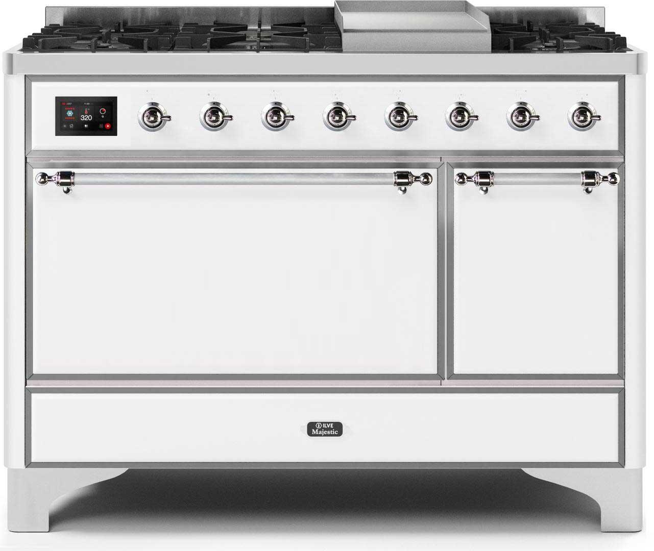 Majestic II 48 Inch Dual Fuel Natural Gas Freestanding Range in White with Chrome Trim