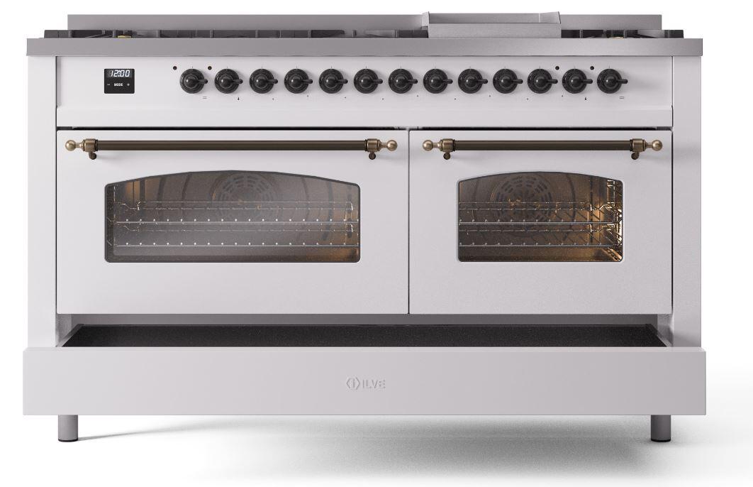 Nostalgie II 60 Inch Dual Fuel Liquid Propane Freestanding Range in White with Bronze Trim