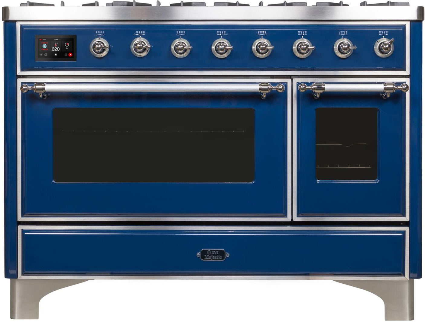 Majestic II 48 Inch Dual Fuel Natural Gas Freestanding Range in Blue with Chrome Trim