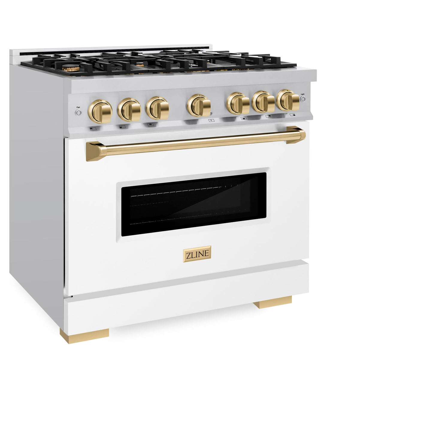 ZLINE Autograph Edition 36 in. 5.2 cu. ft. Classic Gas Range with 6 Burner Cooktop and Convection Gas Oven in Stainless Steel with White Matte Door and Polished Gold Accents (CGRZ-WM-36-G)