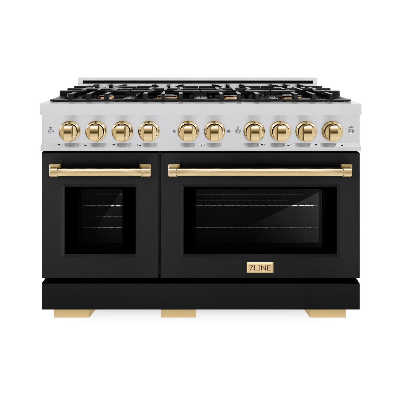 ZLINE Autograph Edition 48 in. 6.7 cu. ft. Select Double Oven Gas Range with 8 Burner Cooktop in Stainless Steel with Black Matte Doors and Polished Gold Accents (HGRZ-BLM-48-G)