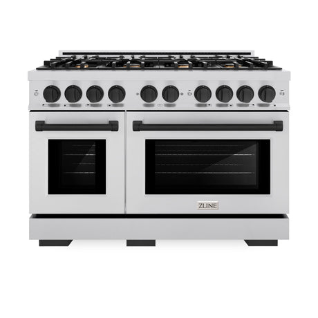 ZLINE Autograph Edition 48 in. 6.7 cu. ft. Select Double Oven Gas Range with 8 Burner Cooktop in Stainless Steel and Matte Black Accents (HGRZ-48-MB)