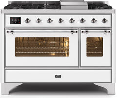 Majestic II 48 Inch Dual Fuel Natural Gas Freestanding Range in White with Chrome Trim