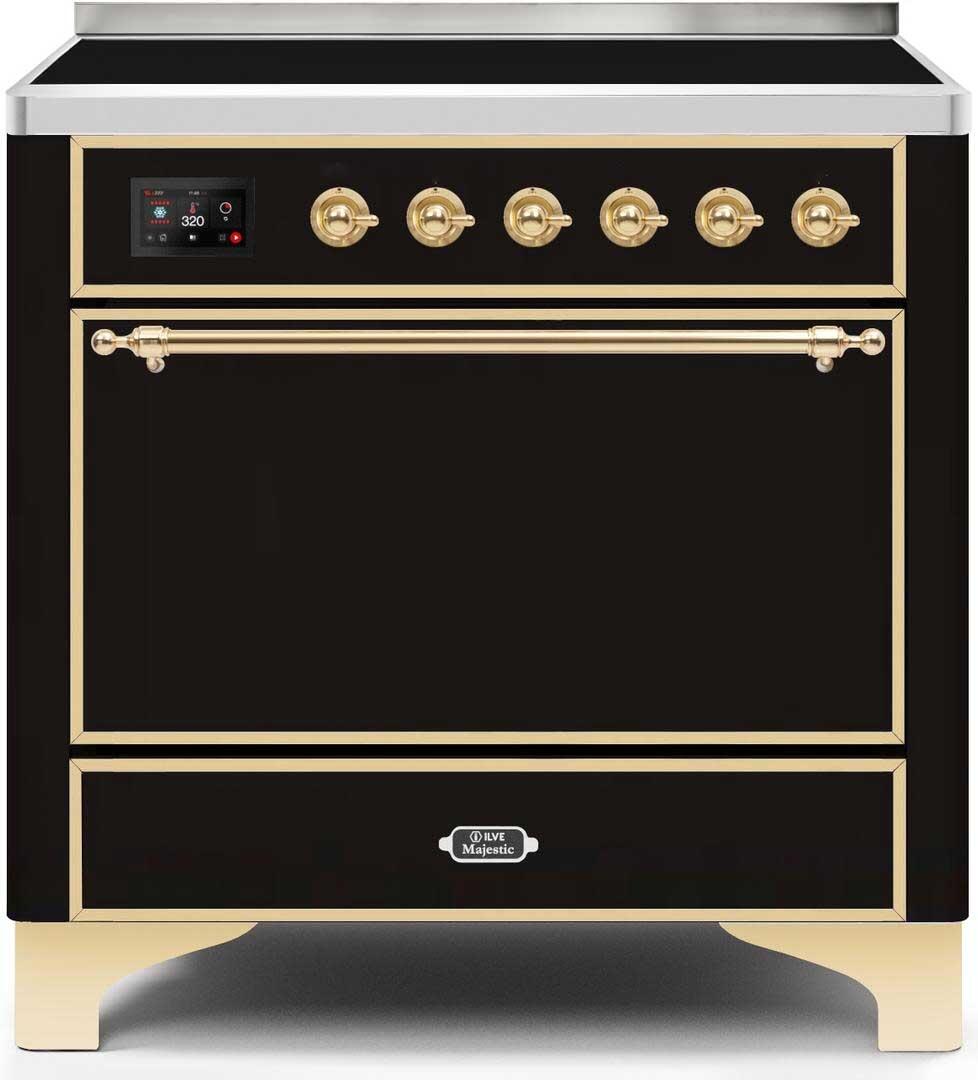 Majestic II 36 Inch Electric Freestanding Range in Glossy Black with Brass Trim