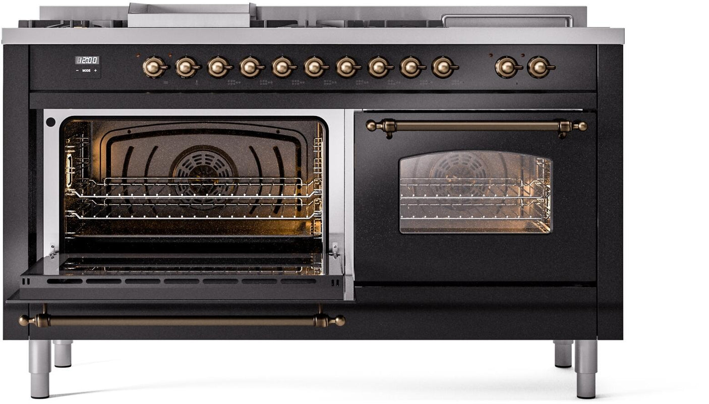 Nostalgie II 60 Inch Dual Fuel Liquid Propane Freestanding Range in Glossy Black with Bronze Trim