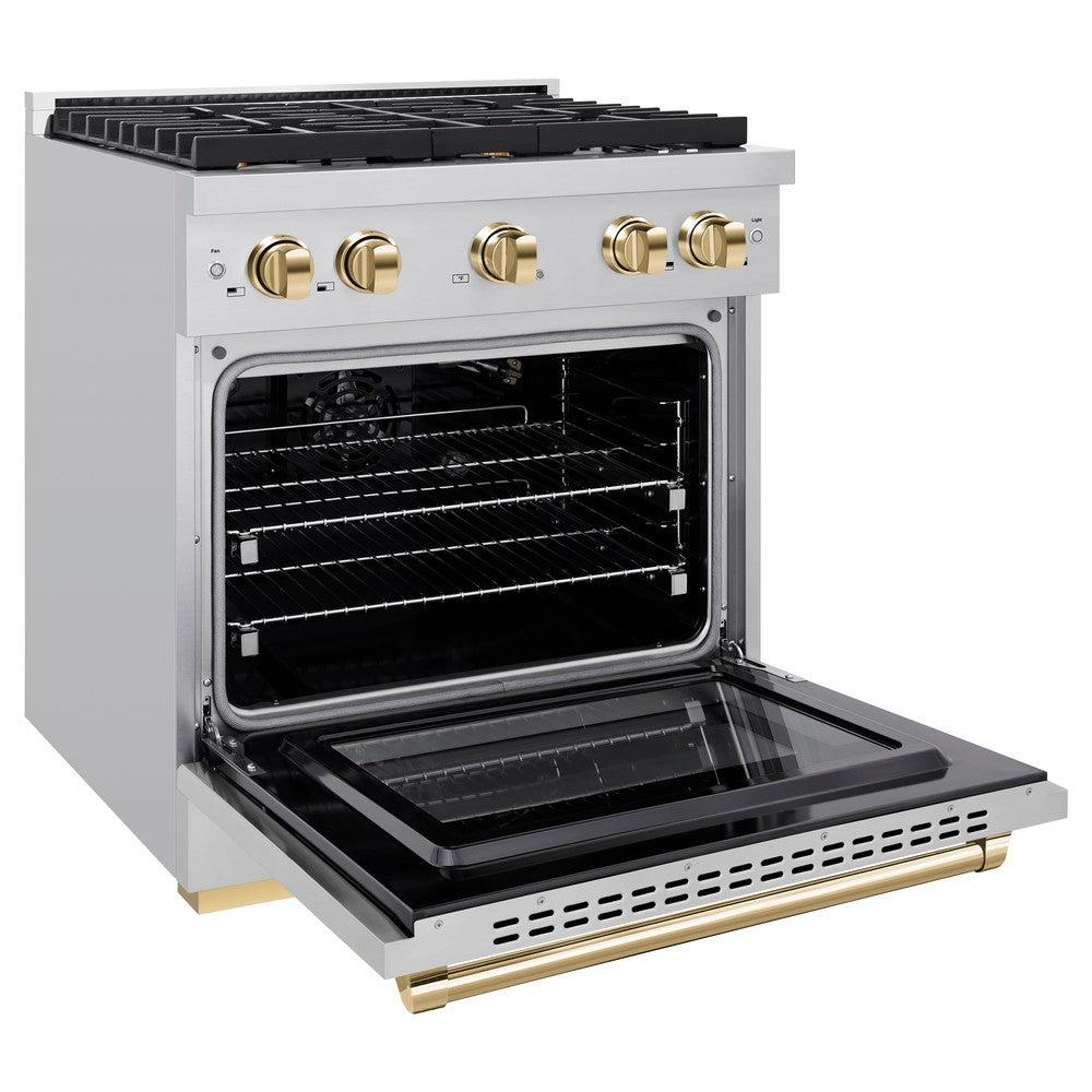 ZLINE Autograph Edition 30 in. 4.2 cu. ft. Paramount Dual Fuel Range with 4 Burner Gas Cooktop and Electric Convection Oven in Stainless Steel with Polished Gold Accents (SDRZ-30-G)