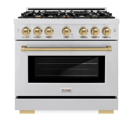 ZLINE Autograph Edition 36 in. 5.2 cu. ft. Select Dual Fuel Range with 6 Burner Gas Cooktop and Electric Convection Oven in DuraSnow' Stainless Steel with Champagne Bronze Accents (HDRSZ-36-CB)