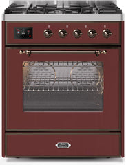 Majestic II 30 Inch Dual Fuel Natural Gas Freestanding Range in Burgundy with Bronze Trim