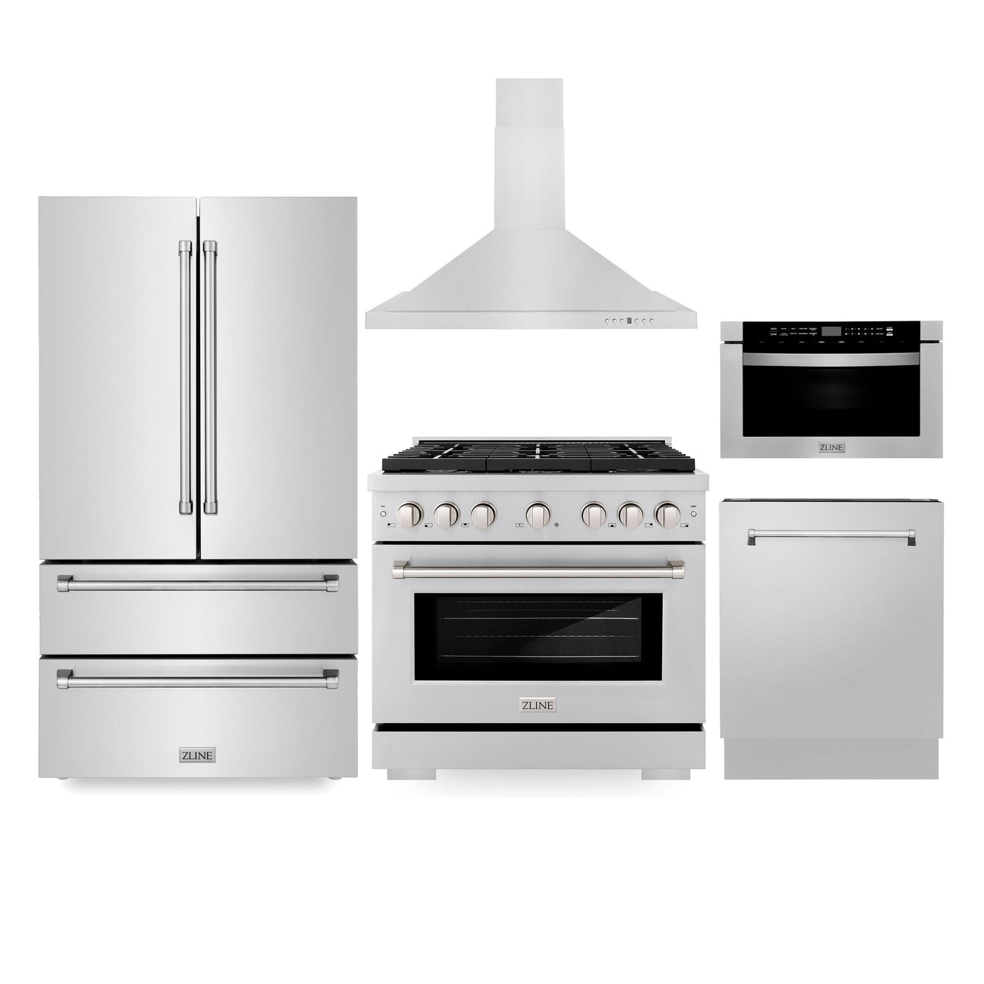 ZLINE Kitchen Package with Refrigeration, 36" Stainless Steel Gas Range, 36" Range Hood, Microwave Drawer, and 24" Tall Tub Dishwasher (5KPR-SGRRH36-MWDWV)