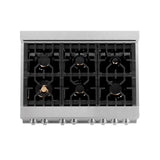 ZLINE 36 in. Professional Dual Fuel Range in DuraSnow Stainless Steel with Brass Burners and Reversible Griddle (RAS-SN-BR-GR-36)