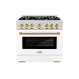 ZLINE Autograph Edition 36 in. 5.2 cu. ft. Select Gas Range with 6 Burner Cooktop and Convection Gas Oven in Stainless Steel with White Matte Door and Polished Gold Accents (HGRZ-WM-36-G)