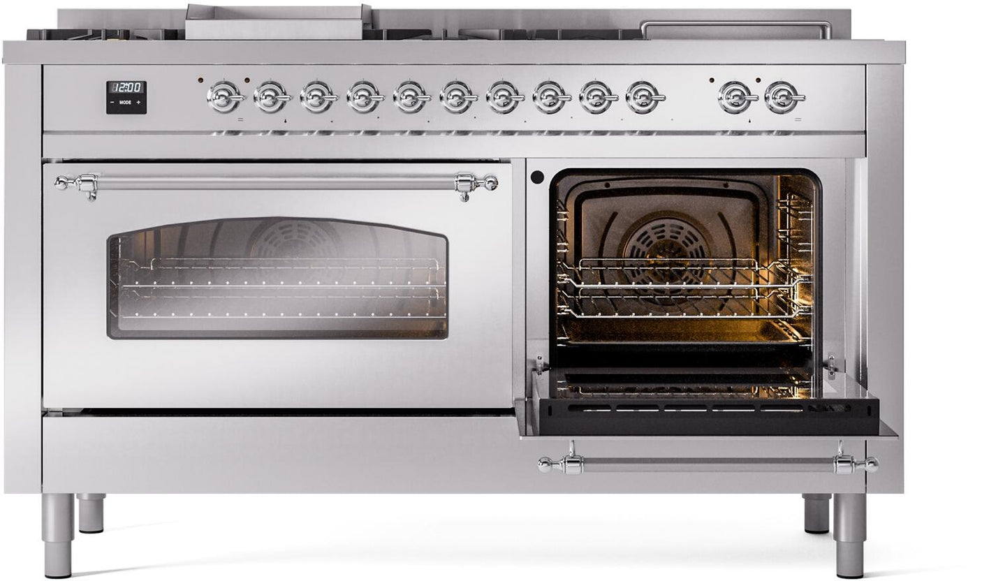 Nostalgie II 60 Inch Dual Fuel Natural Gas Freestanding Range in Stainless Steel with Chrome Trim